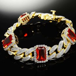 Bracelet brillant hip-hop en argent 925 pour hommes parsemé de diamants, chaîne cubaine Miami rouge