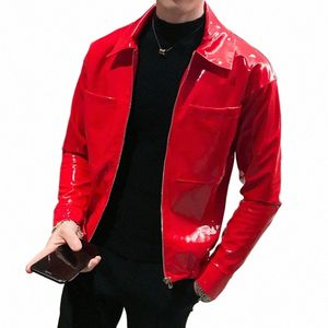 Veste en cuir brillant Costume de scène pour hommes Rouge Noir Marron Discothèque Club Veste en cuir pour hommes Couleur unie Slim Veste pour hommes Manteaux I2sa #