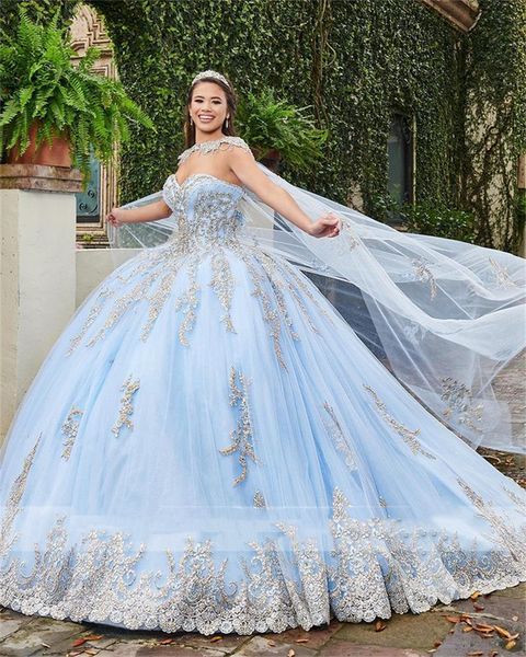 Vestidos de quinceañera azul cielo claro brillante con abrigo largo Vestido de fiesta de encaje con cuentas Princesa Dulce 16 Vestido de novia Vestidos de fiesta de 15 años 2022