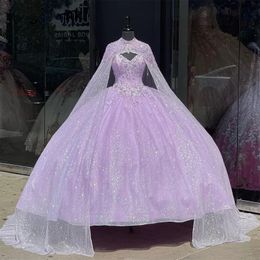 Glanzend Lila Prinses Quinceanera Jurken Met Cape Glitter Kralen Kristallen Bal 15Th Verjaardag Prom Party Gown Vestidos 322