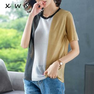 Shiny Lurex zomer trui vrouwen korte mouw o hals patchwork gebreide vrouwelijke dunne trui en pullover casual Oversize top 210604
