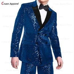 Juntos de traje de hombres brillantes 2 piezas Velvet Lapel Blazer Fashion Fashion Fashion Tabet Farty Farty Groomsman elegante Costumos 231221
