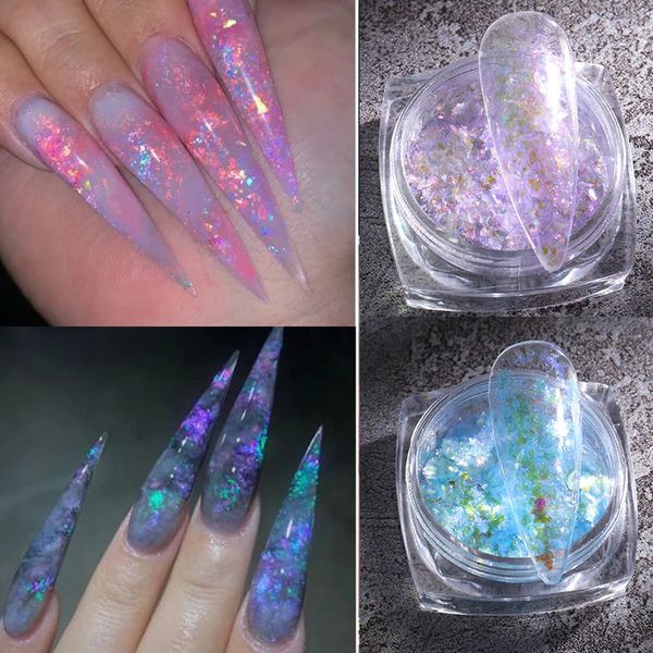 Brillant sirène opale poudre ongles paillettes Aurora holographique paillettes flocons Nail Art poudre Gel vernis manucure accessoires 240220