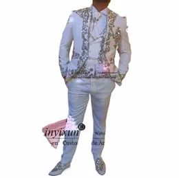 Costumes pour hommes embellis en métal brillant Tuxedos de marié 2 pièces Ensemble de mariage Blazers Pantalons Outfit Slim Trajes Elegante Para Hombres A31V #