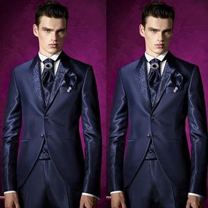 Tuxedos de mariage bleu marine brillant pour hommes, Tuxedos de marié à revers, excellents hommes, veste de bal/dîner, blazer, costume 3 pièces (veste + pantalon + cravate + gilet) 2462