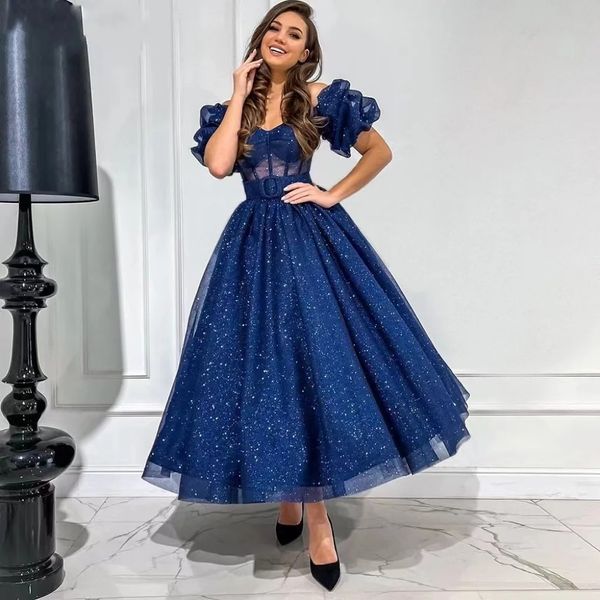 Vestido de fiesta con hombros descubiertos en azul marino brillante 2024 Vestidos de cumpleaños con purpurina hasta el tobillo y escote en forma de corazón Manga abullonada Sin espalda Abendkleider Robe De Soriee