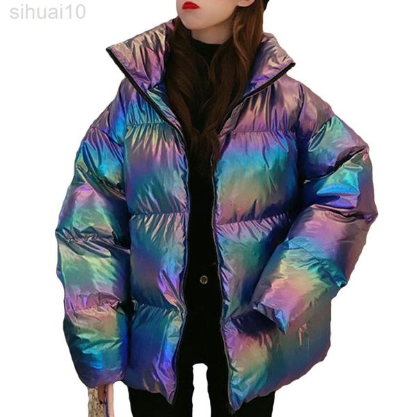Brillant néon vestes femmes hiver 2022 coton col montant fermeture éclair manches longues lâche chaud décontracté dame manteaux mode vêtements d'extérieur L220730