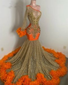 Glansende oranje kant prom jurken sexy een schouder plus size kralen veren jurk verjaardagsfeestje avondjurken