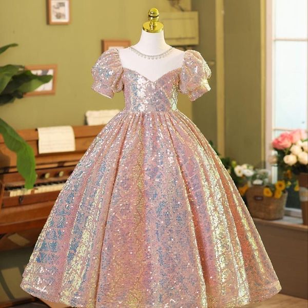 Vestidos de flores rosados brillantes niños para bodas perlas cuello princesa niños de la primera comunión vestida nueva fiesta de la pelota fiesta de cumpleaños de la niña vestidos de concurso 403