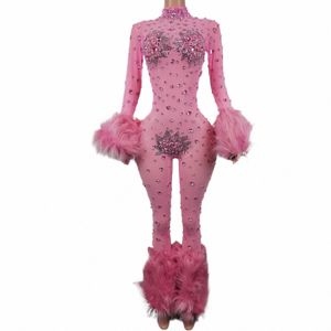 Combinaison transparente en maille rose brillante, tenue d'anniversaire Sexy et poilue, Costume de chanteur et de danseuse, tenue de scène, Guibin L5C6 #