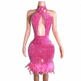Lentejuelas rosadas brillantes Dr Sexy Halter Feather Evening Dres Mujeres Traje de bailarina Cumpleaños Celebre el traje Desgaste de la etapa XS6535 A4dU #