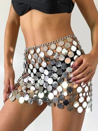 Jupe à disque en plastique brillant pour femmes, paillettes, chaîne de ventre, robe à chaîne de taille, bijoux de corps, vêtements de Festival Rave, 240119