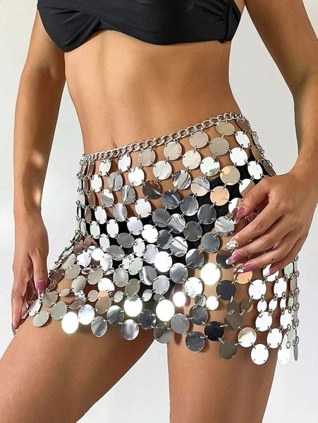 Jupe à disque en plastique brillant pour femmes, paillettes, chaîne de ventre, robe à chaîne de taille, bijoux de corps, vêtements de Festival Rave, 240119