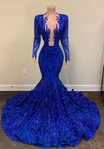 Glanzende plus size avondjurken sexy zeemeermin lange mouw pure halslijn Royal Blue African Black Girls Prom Gala feestjurken