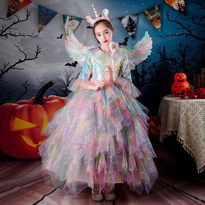 Robes de concours de filles brillantes Shiny Princess New Rainbow Blinging Performance Robe Ball Ball Halloween Cosplay Witch Organza Ruffles Party Birthday Robes 403