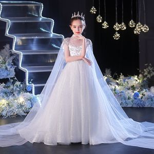 Princesa brillante joya cuello transparente mangas largas Vestidos de cumpleaños PAGEENT PAGED FLORE GOLSS Vestidos de comunión White First Communion 403