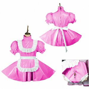 Glanzende PVC meid rollenspel Dres Lolita stijl Sissy korte mouwen Dr Locable Sweet Dr Halen kostuum Ctain met broek B6c7 #