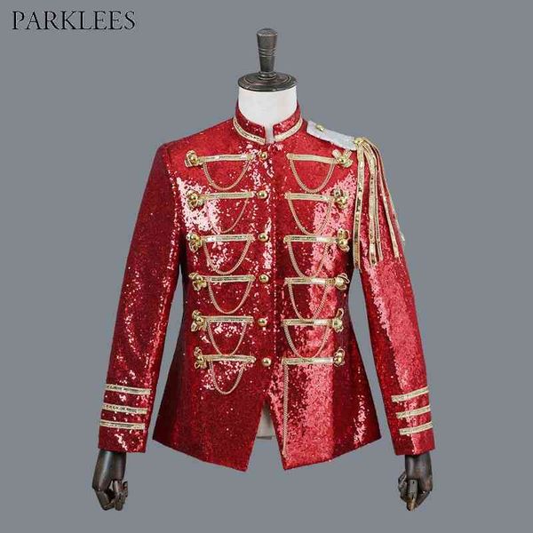 Brillant rouge paillettes gothique Blazer veste hommes marque col montant simple boutonnage Blazers Para Hombre DJ fête scène bal Costumes 210522