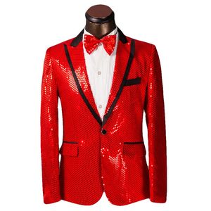 Shiny Red Sequin Groom Tuxedos Peak Lapel One Button Hombres Vestido de novia Hombres Business Darty Sing Host Performan ropa (Chaqueta + Pantalones + Corbata) 38