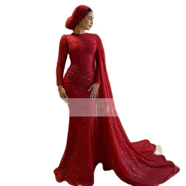 Vestidos De Noche musulmanes De lentejuelas rojas brillantes, vestido De noche árabe De Oriente Medio con capa, cuello alto, manga larga, Vestidos De Noche297b