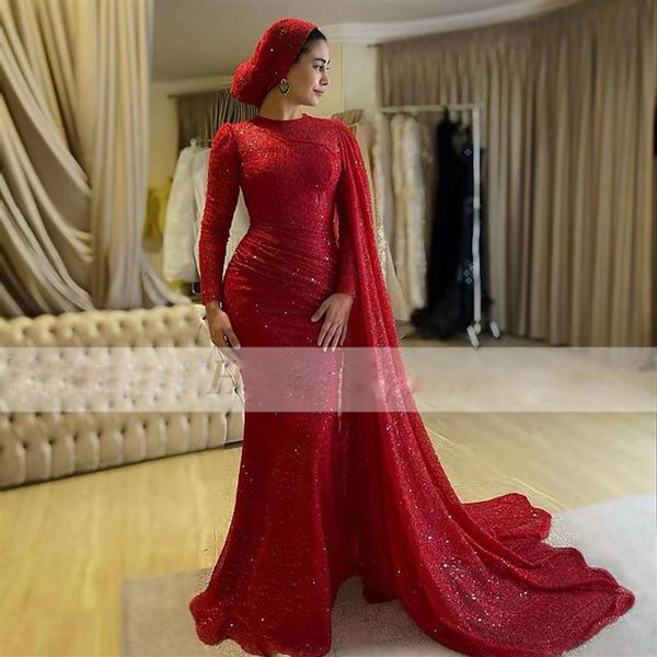 Lentejuelas rojas brillantes Vestidos de noche musulmanes Vestido de noche árabe de Oriente Medio con capa Cuello alto Manga larga Vestidos De Noche2183
