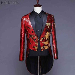 Blazer de traje largo de esmoquin de lentejuelas rojas brillantes para hombre, boda, novio, cantante, baile de graduación, abrigo de cola brillante, club nocturno, DJ, escenario, Blazer Masculino 210522