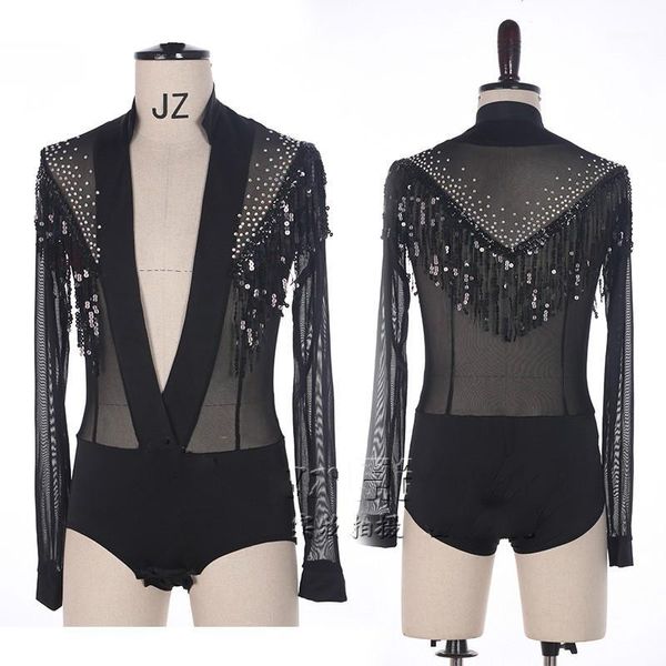 Vêtements de scène brillant strass haut de danse latine col en v hommes chemises danse de salon vêtements mâle compétition professionnelle Dancewear1