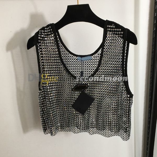 Gilet en strass brillant pour femmes, gilet en maille Sexy de styliste avec Badge en métal, haut de fête d'été