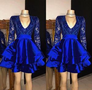 Robes de bal bleu Royal brillant, robes de bal courtes, longueur genou, manches longues, paillettes appliquées, robe de Cocktail 2806280