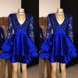 Robes de bal bleu royal brillantes robes de bal courtes longueur au genou manches longues paillettes appliques robe de cocktail301o
