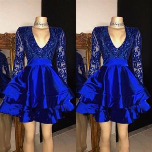 Robes de bal bleu royal brillantes robes de bal courtes longueur au genou manches longues paillettes appliques robe de cocktail234H