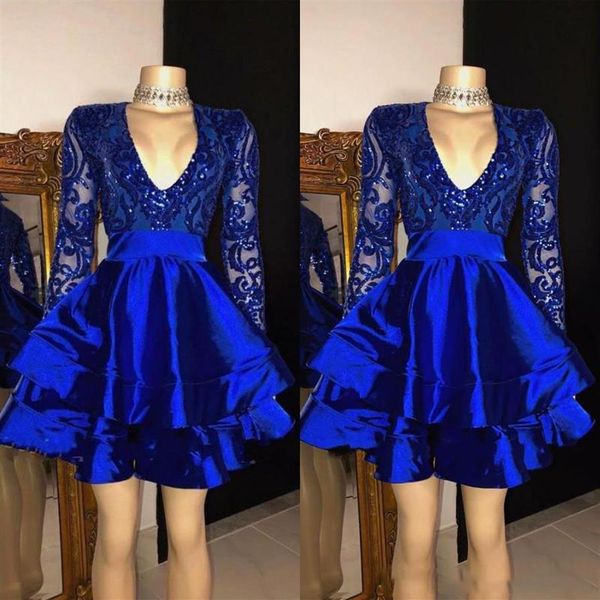 Robes de bal bleu royal brillantes robes de bal courtes longueur au genou manches longues paillettes appliques robe de cocktail301o