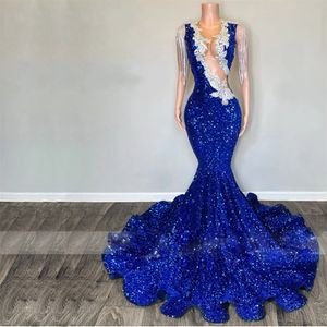 Glanzende koninklijke blauwe zeemeermin prom jurken kralen kralen tassel pailletten speciale gelegenheid jurk uitgesneden front Vestidos de fiesta