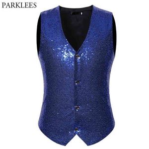 Glanzende Royal Blue Sequin Glitter Vest Mannen Slim Fit V-hals Vestcoat Mens Bruiloft Bruidegom Gilet Homme DJ Bar Stage Zangers Kostuum 210522