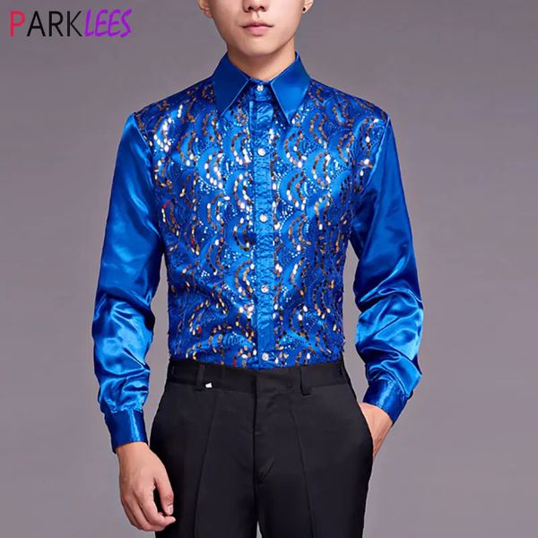 Shiny Royal Blue Sequin Satin Mens Robe Shirts à manches longues Slim Fit Glitter Club de nuit Chemise Men Party Prom Prom Chorus Chemise 240223