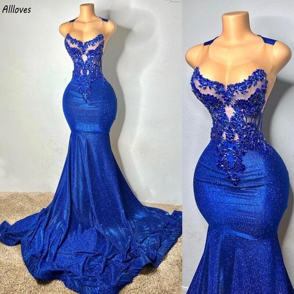 Brillant Bleu Royal Paillettes Perles Robes De Bal Sheer O-cou Aso Ebi Longue Sirène Robes De Soirée Formelles Slim Fit Grande Taille Femmes Deuxième Réception Robe D'anniversaire CL3317