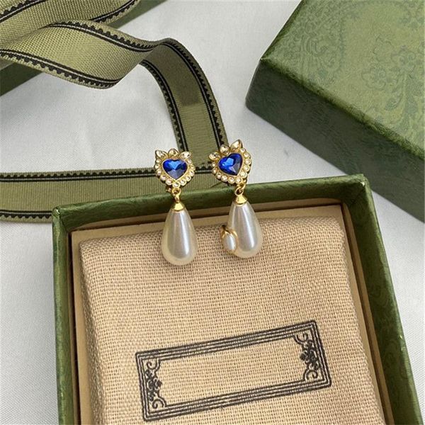 Boucles d'oreilles en diamant rubis brillant pour femmes, pendentif en perle, clous en saphir en relief avec boîte cadeau 2426