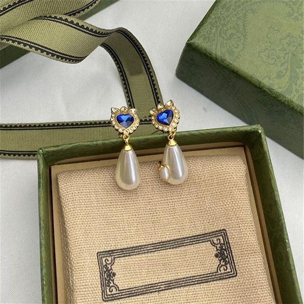Boucles d'oreilles en diamant rubis brillant pour femmes, pendentif en perle, clous en saphir en relief avec boîte cadeau 256z