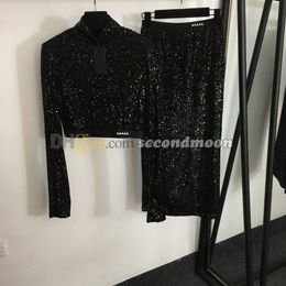 Robe à paillettes brillantes, demi-fermeture éclair, t-shirt, taille haute, jupe longue, tenue de soirée Sexy, ensemble deux pièces