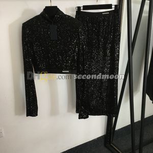 Vestido de lentejuelas brillantes Camiseta con media cremallera Cintura alta Falda larga Fiesta Conjunto de dos piezas sexy Vestidos