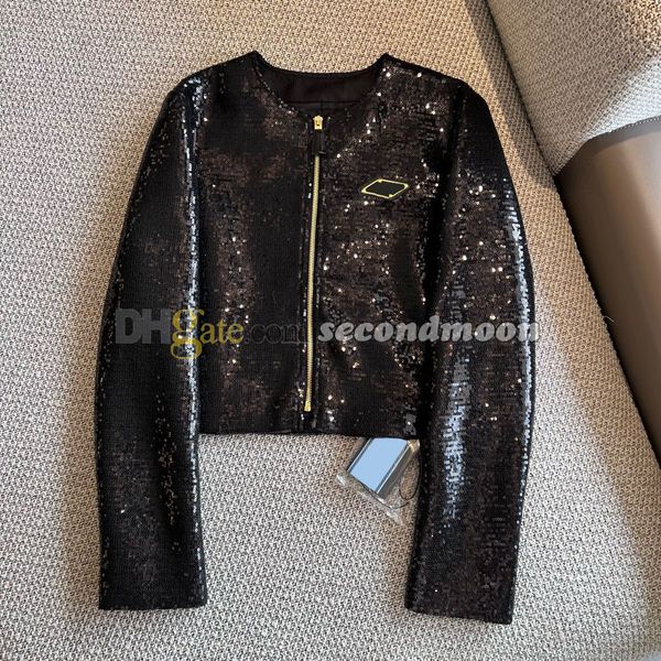 Veste à paillettes brillantes pour femmes, manteau avec badge en métal, manteaux de styliste à col rond, fermeture éclair, vêtements d'extérieur