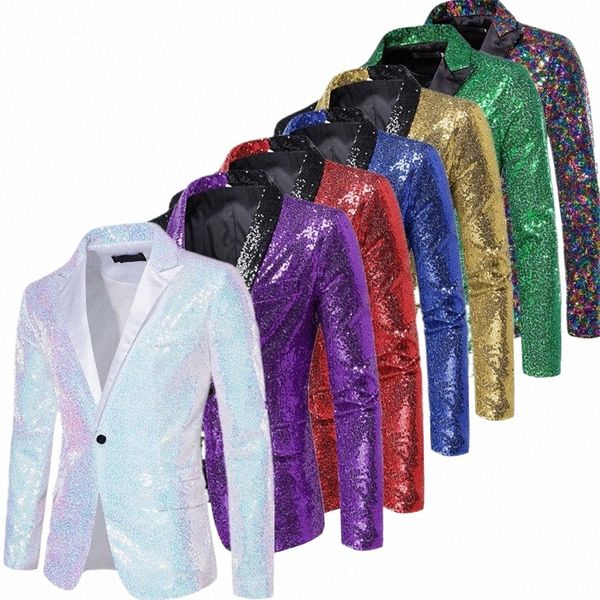 Veste de costume à paillettes brillantes Manteau de performance pour hommes Blanc Sier Bleu Rouge Violet Blazers Col en V Simple Butt S M L XL XXL k4kJ #