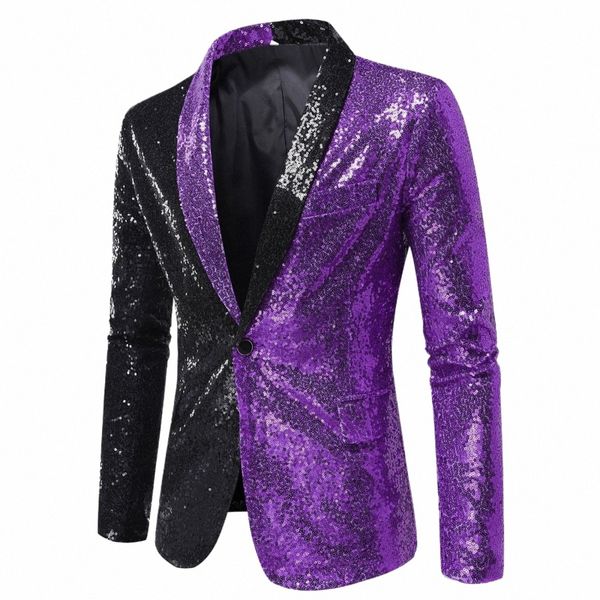 Veste de costume à paillettes brillantes Manteau de performance pour hommes Blanc Sier Bleu Rouge Violet Blazers Col V Patchwork Single Butt Blazer f42t #
