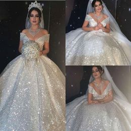 Vestidos de novia de gala de lentejuelas brillantes princesa de hombro sexy vestidos de novia dubai árabe trenes de barrido vestidos de novia segundo recept 2104