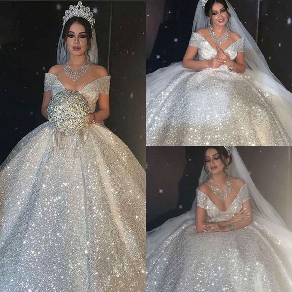 Robes de mariée à paillettes brillantes Princesse au large de l'épaule des robes de mariée sexy Dubaï Sweep Sweep Vestidos de Novia Second Rece 259f