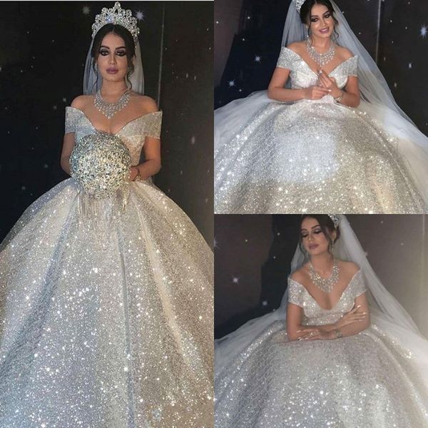 Robes de mariée à paillettes brillantes Princesse au large de l'épaule des robes de mariée sexy Dubaï Sweep Sweep Vestidos de Novia Second Rece 239V