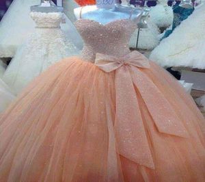 Glansende lovertjes bling prinses baljurk prom jurken oranje vintage quinceanera feestjurken met boog spaghetti banden vloer leng3428007