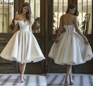 Vestidos de novia de gala de lente de lentejuelas brillantes sexy fuera del hombro longitud de té de hojaldre de té su segundo vestido de fiesta de recepción aso ebi cl1402