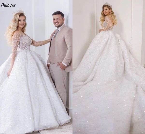 Robe de mariée en dentelle à paillettes brillantes, manches longues, col transparent, dos nu, robe de mariée formelle d'église, dubaï, arabe, train de la cathédrale, CL3042