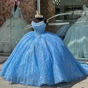 Glansende lovertjes Quinceanera -jurken Strapless Pearls Vestidos de Quinceanera Corset Ball Jurk Sweet 15 16 Vestidos de novia